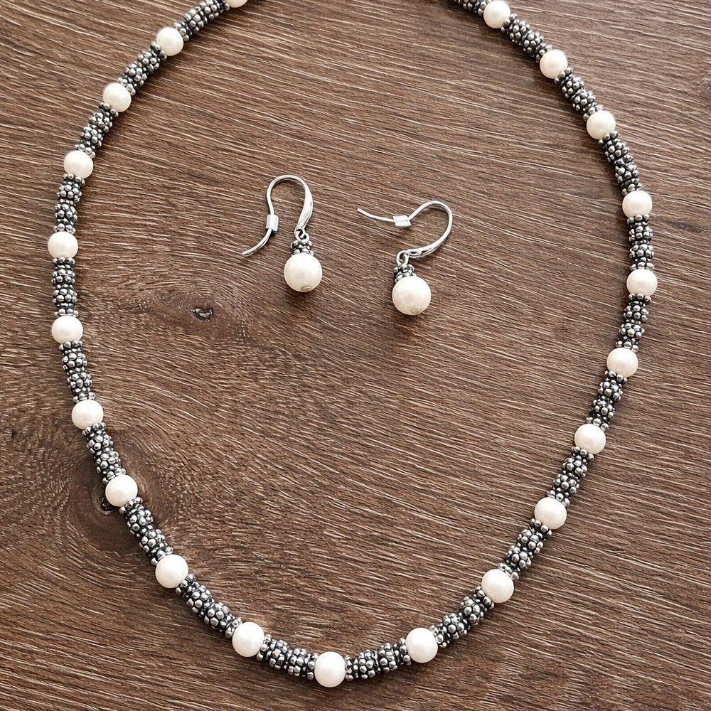 Elegant Silver and White Beaded Necklace and Earring Set